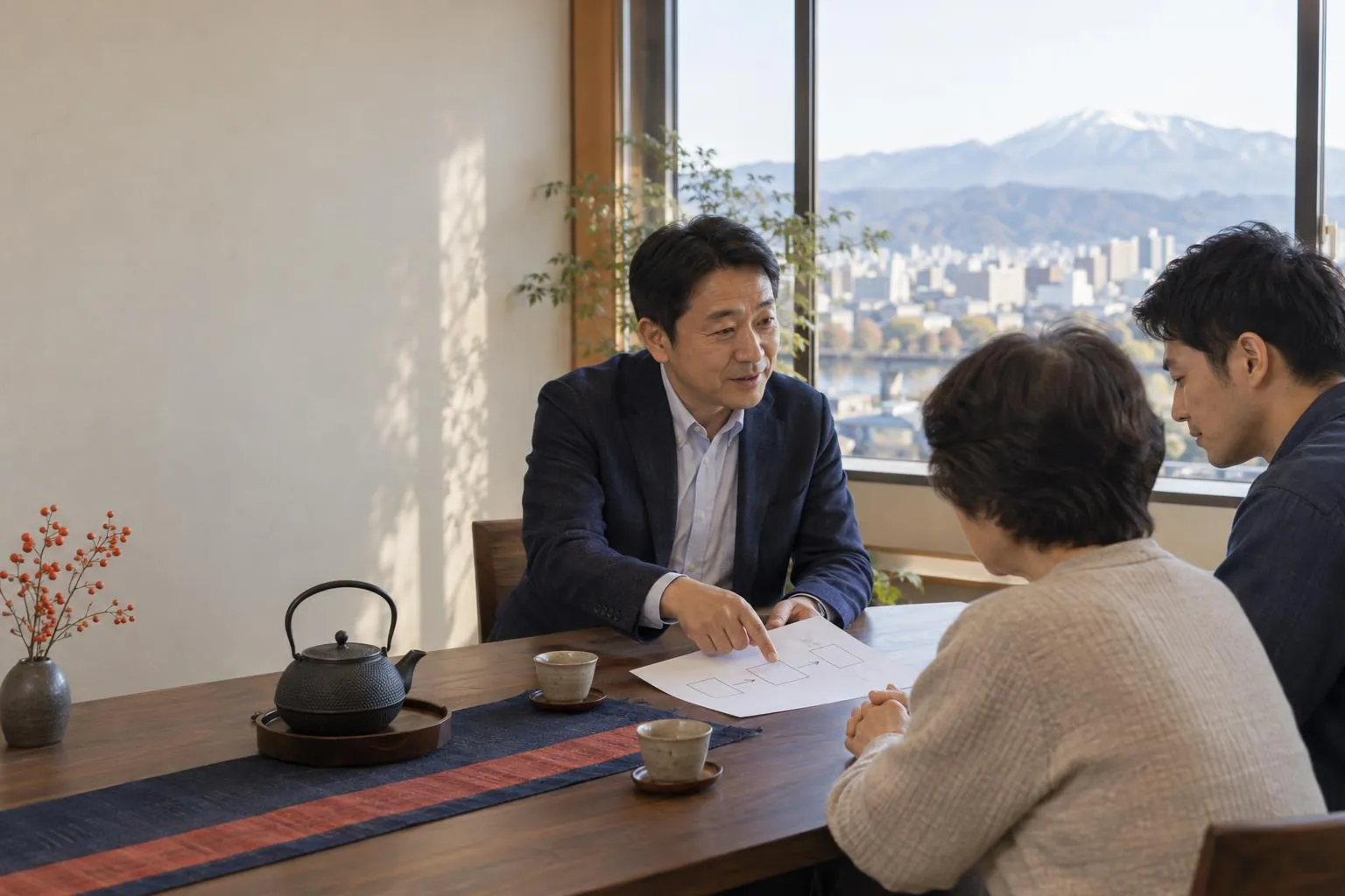 相談室で、代表が家族に手続きの順番を書いた紙を指して説明している。窓の外に岩手山