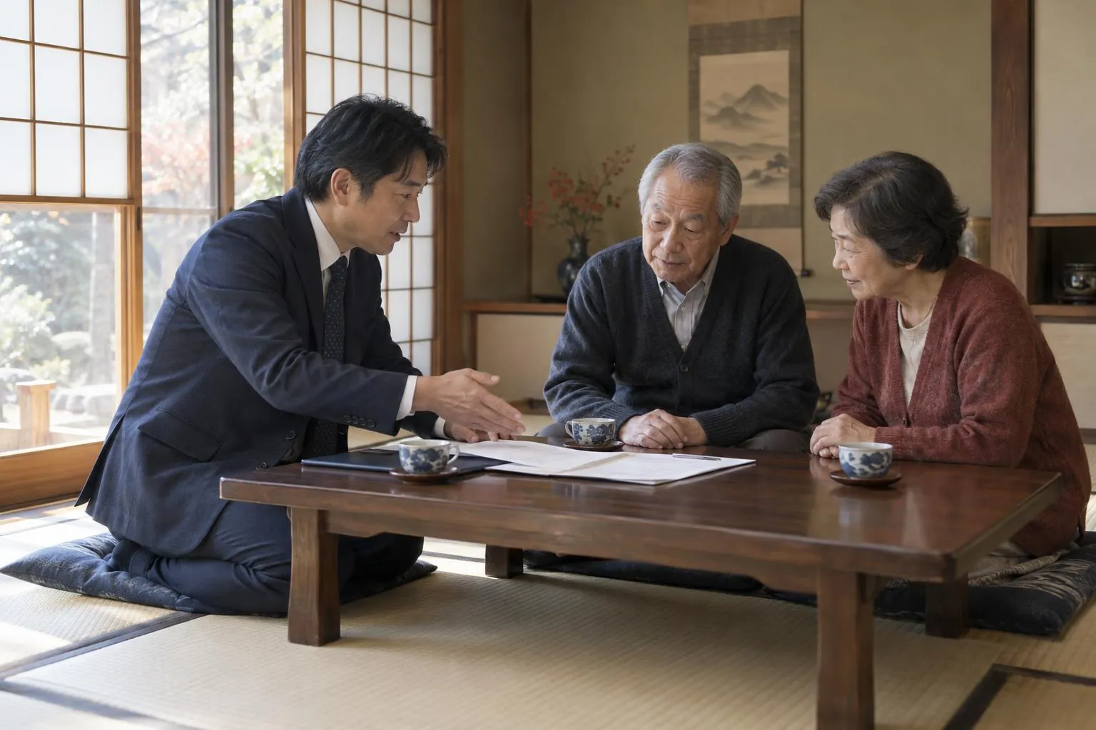 ご自宅の和室で、代表が高齢のご夫婦に書類を説明している